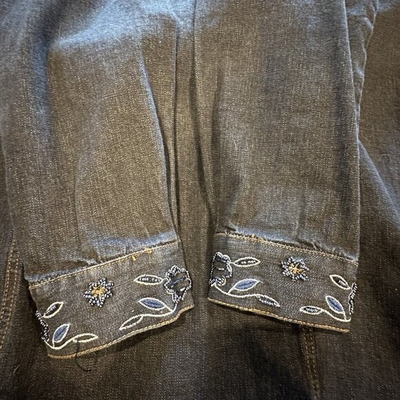 Susan Graver Notations Denim Dress Jean Jacket Charcoal Embroidered Beads Size S - Picture 7 of 12